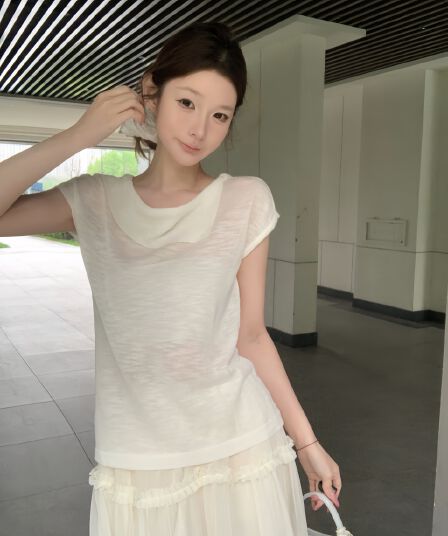 실사 아니요 가격 인하 한 부서 불규칙 칼라 단색 작은 날다 소매 짠 셔츠 여성 여름 새로운 부드러운 품격 맨위