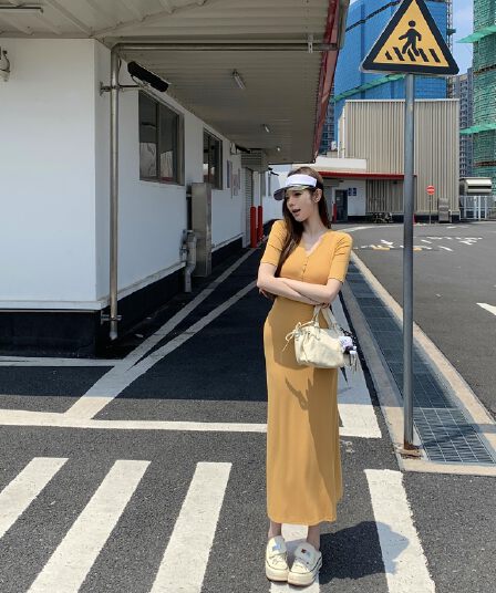 실사 아니요 가격 인하 V넥 반팔 여성 드레스 순수한 욕망 몸매 가꾸기 인어 꼬리 롱 스커트 디스플레이 몸 허리 수축 타이트 스커트 치마