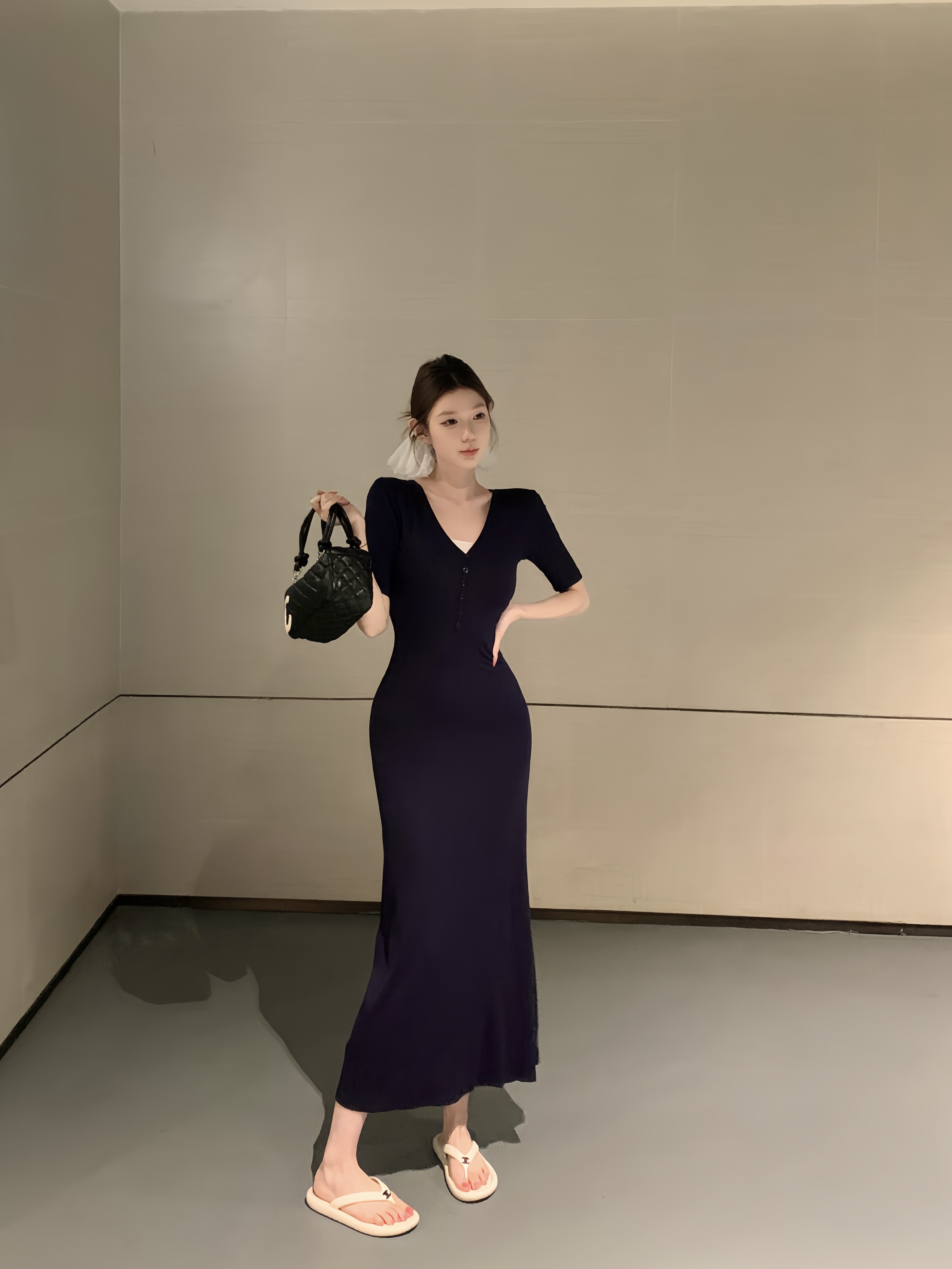 실사 아니요 가격 인하 V넥 반팔 여성 드레스 순수한 욕망 몸매 가꾸기 인어 꼬리 롱 스커트 디스플레이 몸 허리 수축 타이트 스커트 치마