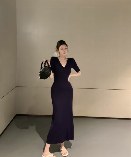 실사 아니요 가격 인하 V넥 반팔 여성 드레스 순수한 욕망 몸매 가꾸기 인어 꼬리 롱 스커트 디스플레이 몸 허리 수축 타이트 스커트 치마