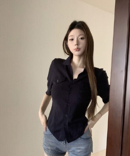 실사 아니요 가격 인하 레트로 주황색 폴로 칼라 중간 소매 여성 셔츠 여름 몸매 가꾸기 셔츠 니트 오픈 가디건 맨위