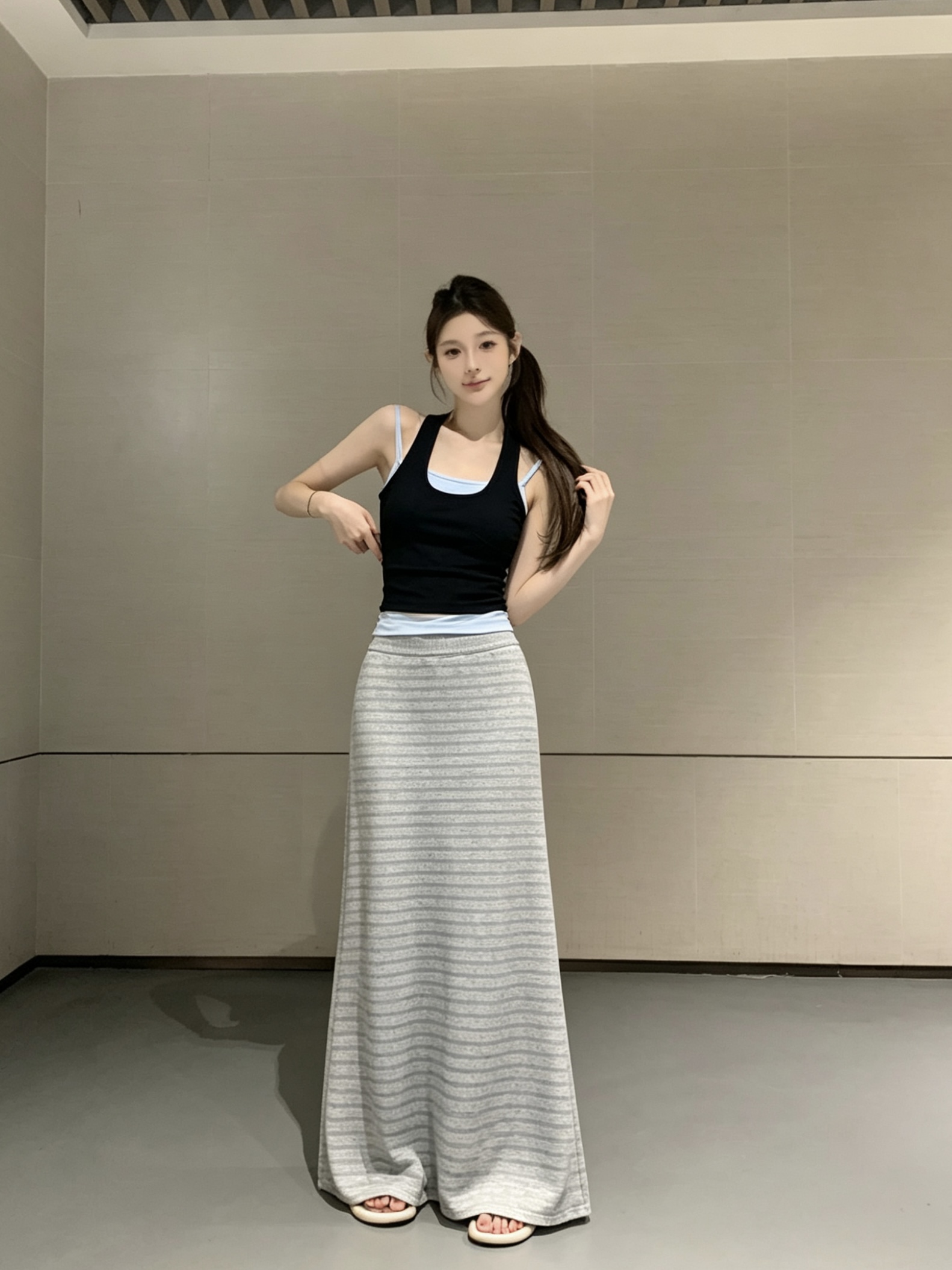 실사 아니요 가격 인하 여름 새로운 한국 스타일 페이크 레이어드 패치워크 색상 조끼 스트라이프 치마 반신 스커트 투피스 세트