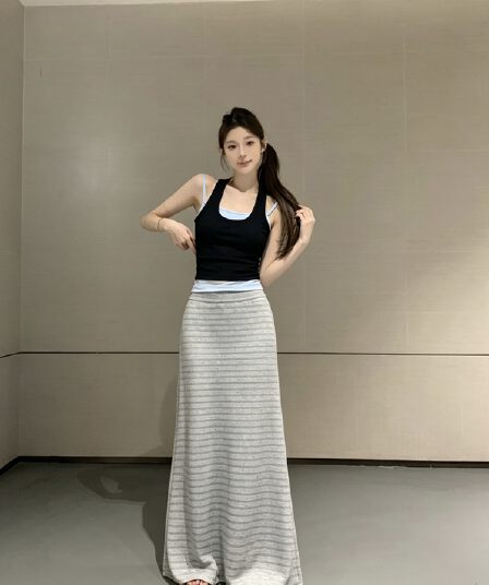 실사 아니요 가격 인하 여름 새로운 한국 스타일 페이크 레이어드 패치워크 색상 조끼 스트라이프 치마 반신 스커트 투피스 세트