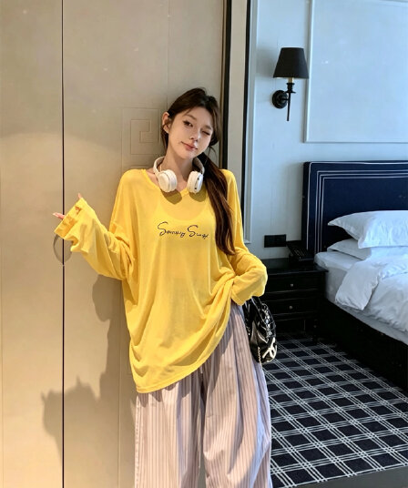 실사 아니요 가격 인하 프린트 블라우스 루즈핏 자외선 차단 긴팔 파란색 스트라이프 도루 센스 넓은 다리 캐주얼 바지 긴 바지