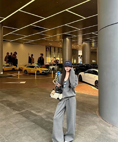 아니요 가격 인하 느긋한 주말 느슨함 센스 V넥 풀오버 긴팔 후드티 허리밴드 캐주얼 바지 세트