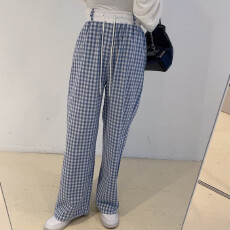 批发已出货　　松紧高腰格子<b class='q'>阔腿裤</b>女