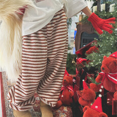 新款时尚松紧高腰显瘦条纹羊羔毛休闲裤女