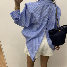 批发已出货   宽松后背纽扣条纹长袖衬衫女