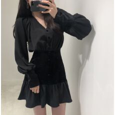 批发已出货　 春装V领<b class='q'>荷叶边</b>丝绒拼接<b class='q'>连衣裙</b>