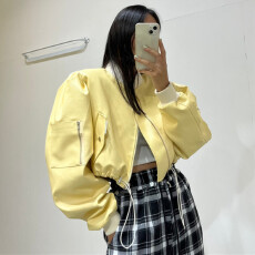 批发已出货　<b class='q'>春</b>装立领抽绳短款皮衣外套女