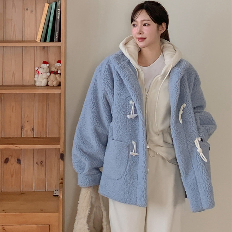 있음 선적 한 부서 귀여운 연령 감소 소뿔 버클 양털 여성 코트