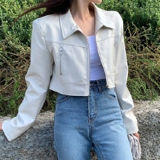 批发已出货　翻领纯色短款皮衣外套女