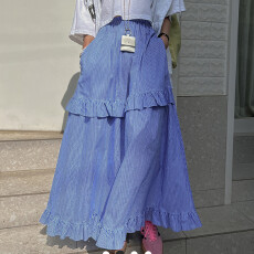 批发已出货   松紧腰<b class='q'>条纹</b>拼接半身长裙