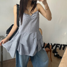 批发已出货  法式<b class='q'>甜美</b>格子吊带连衣裙