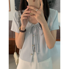 批发已出货　系带爱心扣圆领短袖小外套女