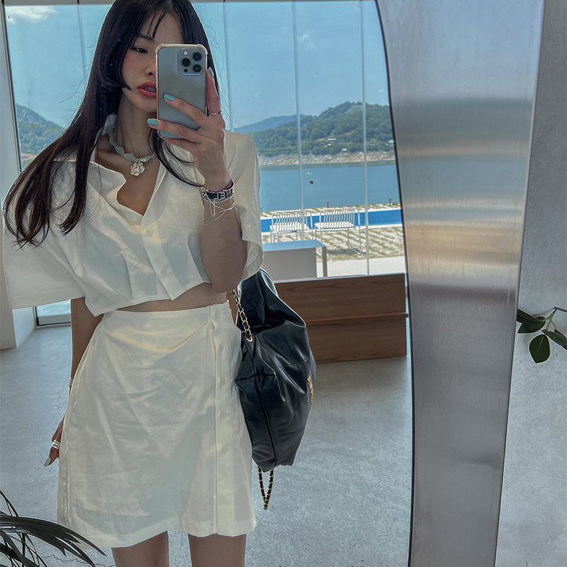 있음 선적 단색 작은 심장 기계 이슬 허리 페이크 레이어드 셔츠 드레스