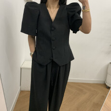 批发新款显瘦V领单排扣西服上衣+休闲<b class='q'>长裤</b>套装<b class='q'>女</b>