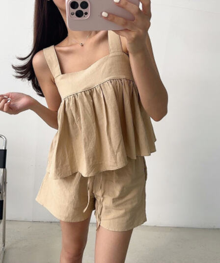 있음 선적 광장 칼라 멜빵 인형 셔츠 넓은 다리 캐주얼 반바지 세트 여성