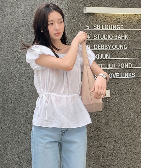 새로운 레이스업 허리 수축 거품 소매 여성 셔츠