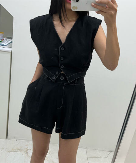 있음 선적 명시적 스티치 V 칼라 맨위 캐주얼 반바지 세트 여성