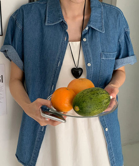 있음 선적 단색 폴로 칼라 싱글 줄 버튼 반팔 데님 여성 셔츠