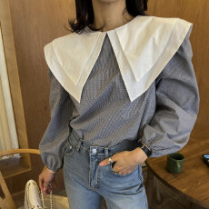 批发已出货　双层娃娃领泡泡袖长袖格子衬衫女