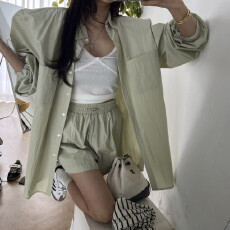 批发已出货　后开叉衬衫松紧高腰短<b class='q'>裤</b>两件套女