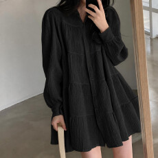 批发已出货 翻领褶皱单排扣<b class='q'>泡泡袖</b><b class='q'>连衣裙</b>