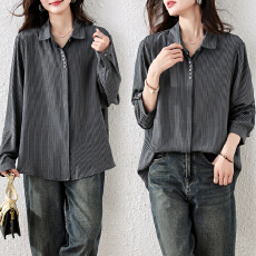 批发实拍大码女装竖条纹长袖衬衫春夏新款文艺复古衬衣<b class='q'>胖</b><b class='q'>mm</b>显瘦上衣