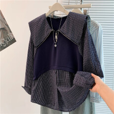 批发实拍大码时尚娃娃领格子拼接长袖衬衫女宽松显瘦假两件上衣