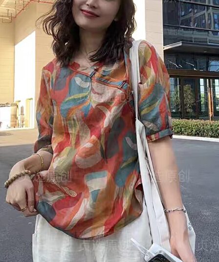 경관 인터넷 V넥 면 린넨 프린트 여성 셔츠 여름 새로운 패션 다용도 루즈핏 슬림해 보이는 얇은 스타일 풀오버 맨위