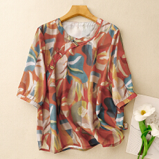 批发实拍V领棉麻印花衬衫女夏季新款时尚百搭宽松显瘦薄款套头上衣