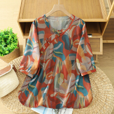 批发实拍V领棉麻印花衬衫女夏季新款时尚百搭宽松显瘦薄款套头上衣