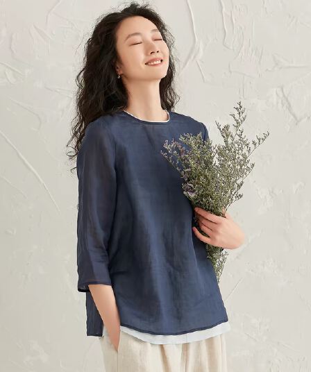 패치워크 배색 면 린넨 셔츠 여성 가을 여름 라운드 넥 파란색 셔츠 루즈핏 캐주얼 미니멀리즘 맨위