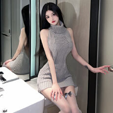 批发实价实拍 性感辣妹女主播高领绑带包臀短裙镂空大露背毛衣连衣裙