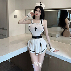 批发实价实拍 性感荷叶边大露背蜜月度假私房睡衣COS修女护士装吊带裙