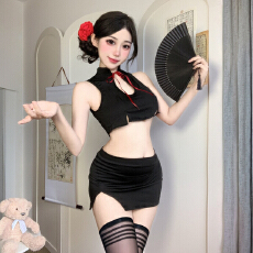 批发实价实拍 性感纯欲辣妹开叉镂空绑带旗袍露脐装上衣包臀短裙套装