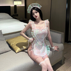 批发实价实拍 人鱼姬嫩粉色荷叶边COS女仆装围裙透视网纱蜜月露背睡裙