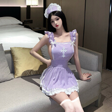 批发实价实拍 性感COS女仆护士装装围裙百褶荷叶边系带露背免脱睡裙