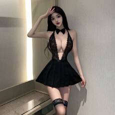 批发实价实拍 性感V领镂空透视蕾丝拼接吊带裙开叉免脱百褶睡衣连衣裙