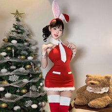 批发实价实拍 圣诞节polo领<b class='q'>挂</b><b class='q'>脖</b>露背<b class='q'>连衣裙</b>COS秘书装包臀裙游戏制服裙