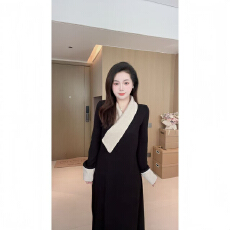 批发冬季气质V领珍珠拼接加绒连衣<b class='q'>裙</b> 2025新款韩系收腰显瘦<b class='q'>直筒</b><b class='q'>长</b><b class='q'>裙</b>女