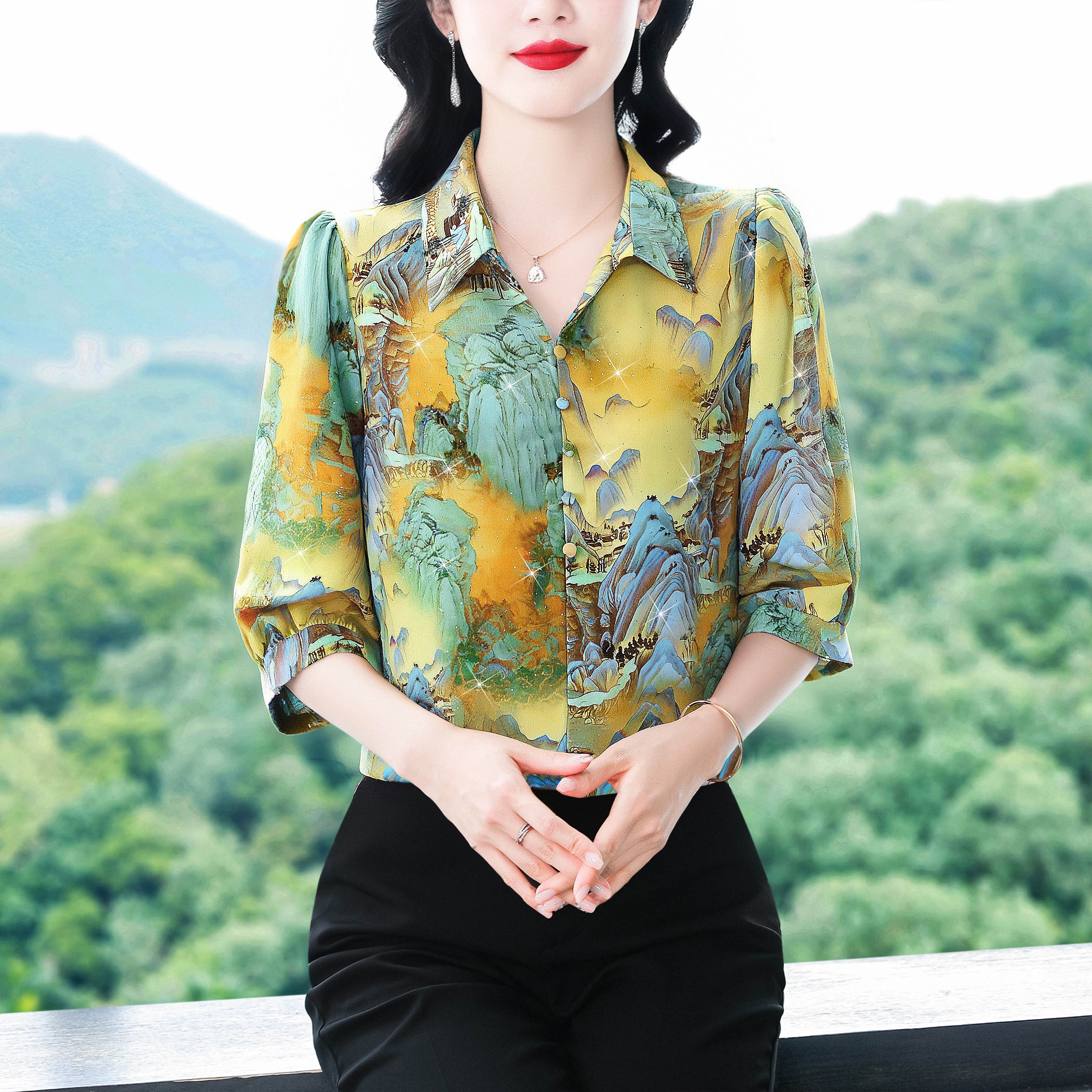 품격 우아함 패션 꽃무늬 셔츠 여성 여름 새로운 엄마 루즈핏 슬림해 보이는 표지 배 소매 작은 셔츠