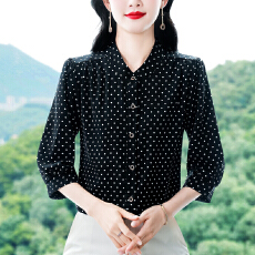 批发实拍 2026春夏新款洋气七分袖上衣气质减龄圆领衬衫女士大码小衫
