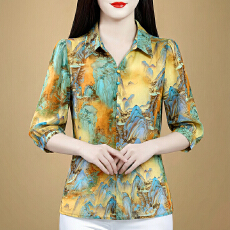 批发气质优雅时尚碎花衬衫女士夏季新款妈妈宽松显瘦遮肚<b class='q'>中袖</b>小衫