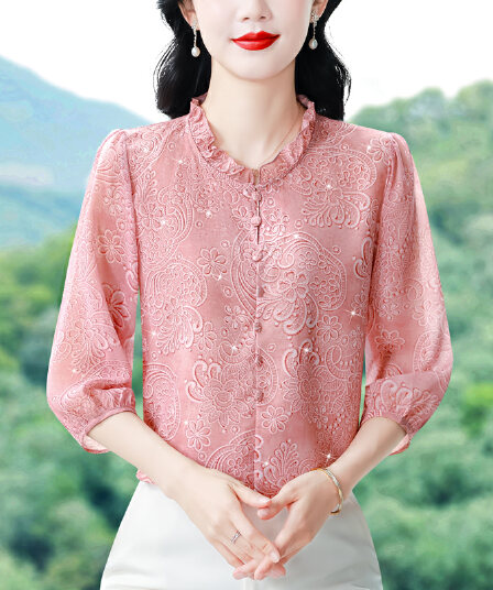 곰팡이 고리 프린트 여성 셔츠 2026 새로운 외국 가스 7부 소매 봄 여름 얇은 스타일 루즈핏 디자인 센스 작은 셔츠