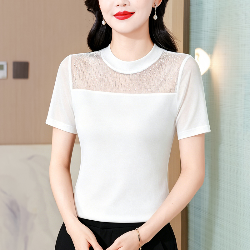 2026 여름 패션 홀로우 아웃 핫픽스 외국 가스 라운드 넥 반팔 높음 폭탄 망사 만나는 티셔츠