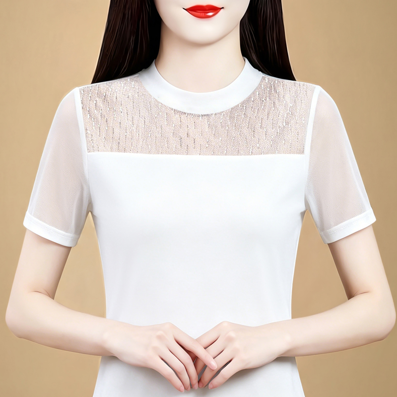 2026 여름 패션 홀로우 아웃 핫픽스 외국 가스 라운드 넥 반팔 높음 폭탄 망사 만나는 티셔츠