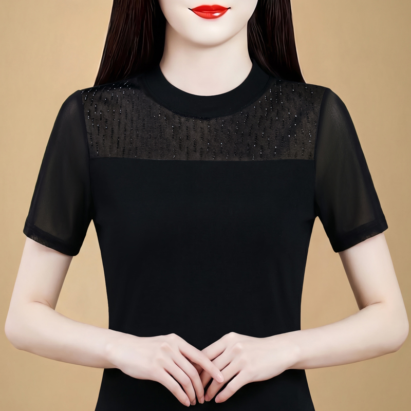 2026 여름 패션 홀로우 아웃 핫픽스 외국 가스 라운드 넥 반팔 높음 폭탄 망사 만나는 티셔츠