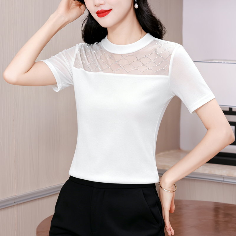 2026 여름 패션 홀로우 아웃 핫픽스 외국 가스 라운드 넥 반팔 높음 폭탄 망사 만나는 티셔츠